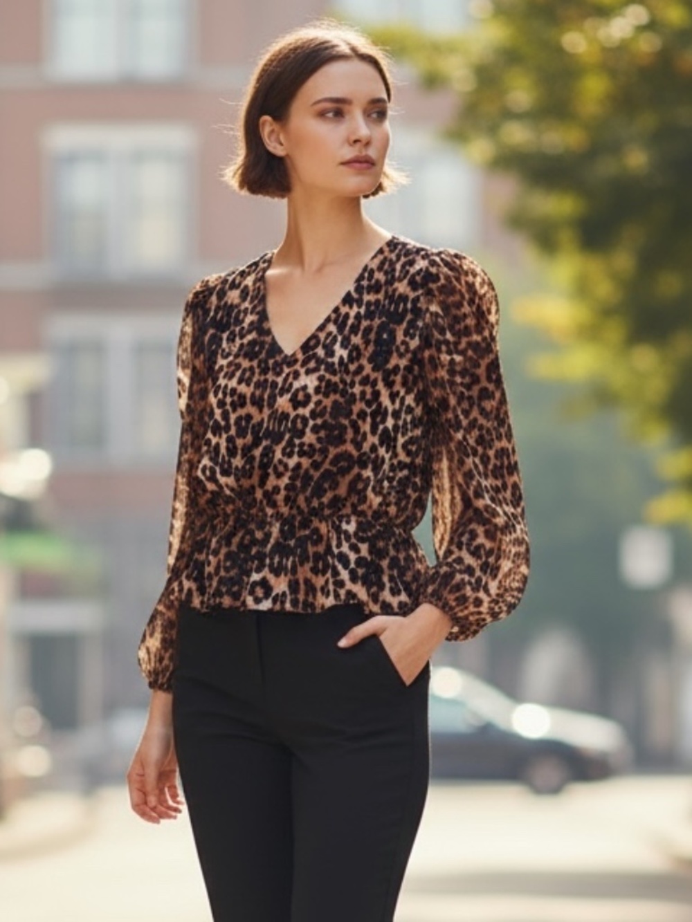 Tahari Leopard Print V-Neck Peplum Blouse - Black & Brown